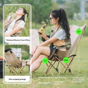 Adjustable high back moon chair with reclining backrest and pillow for camping and outdoor leisure
