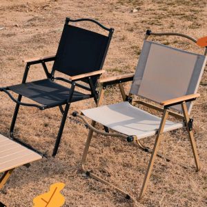 Classic wood arm folding camping chair with steel frame and Oxford fabric for outdoor use
