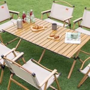 Folding egg roll camping table with portable steel frame and slat tabletop for outdoor use