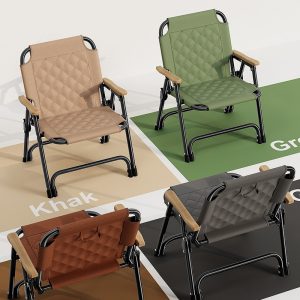 Padded wood arm folding camping chair with quilted seat and steel frame for outdoor wholesale supply